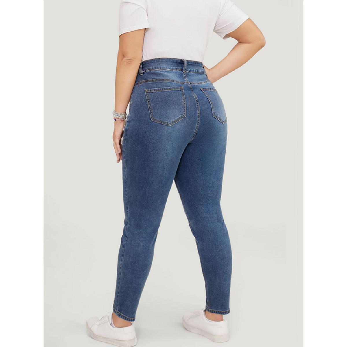 Plus Size Skinny Very Stretchy High Rise Medium Wash Ankle Jeans Women Blue Casual Plain High stretch Pocket Jeans BloomChic 10/M Product Image
