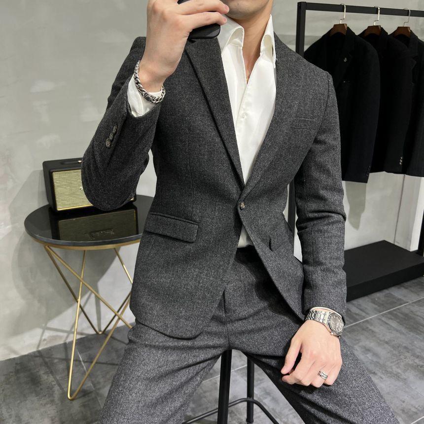 Set: Plain Woolen One-Buttoned Blazer + Tapered Dress Pants Product Image