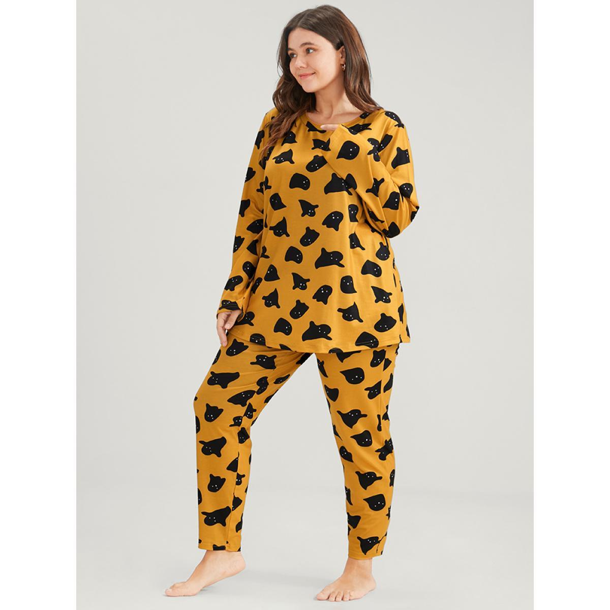 Plus Size Halloween Ghost Print Pajama Set Women Orange Graphic-Halloween Printed Long Sleeve Round Neck Casual Loungewear Sets BloomChic 30/6X Product Image