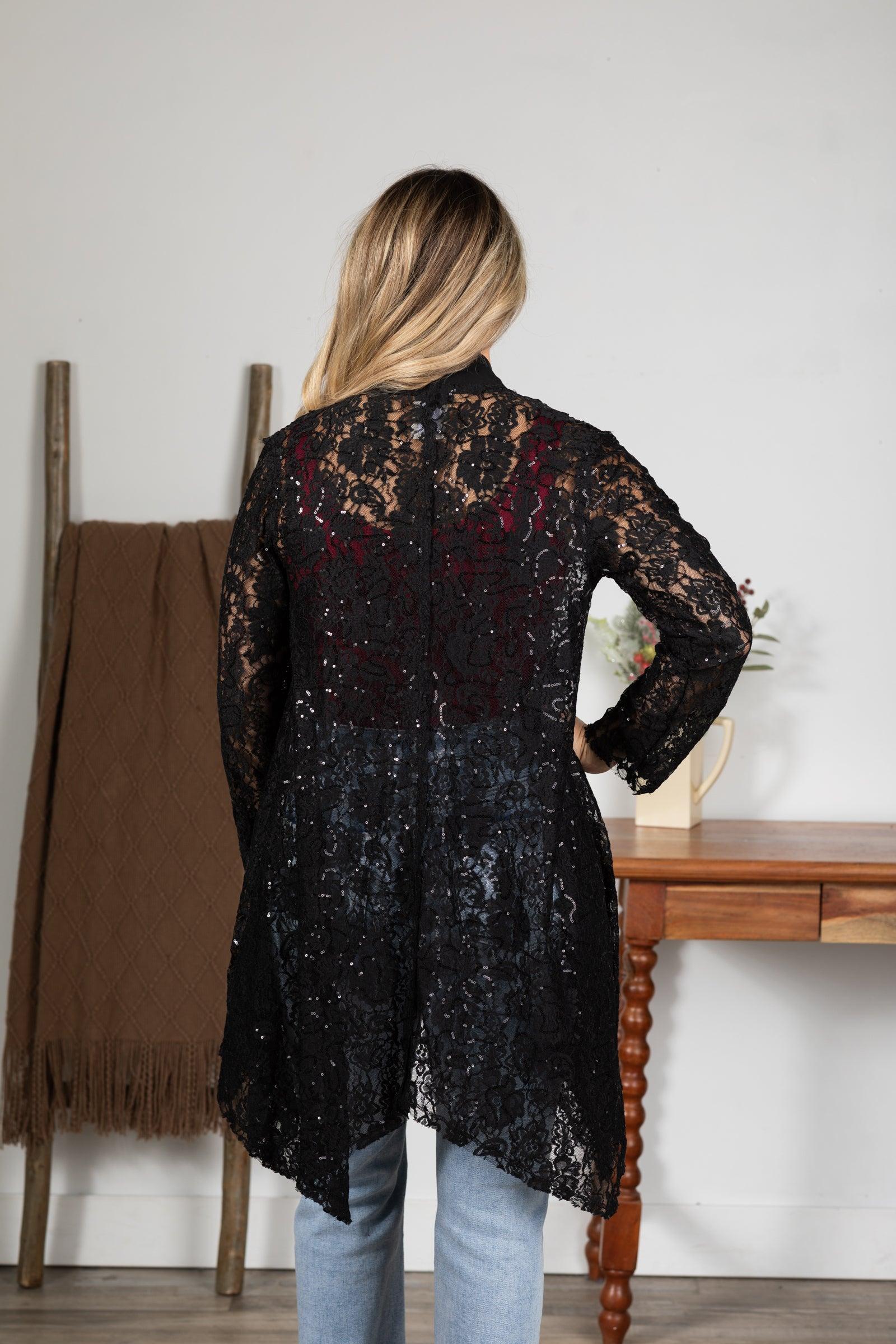 Black Sequins Lace Open Cardigan Product Image