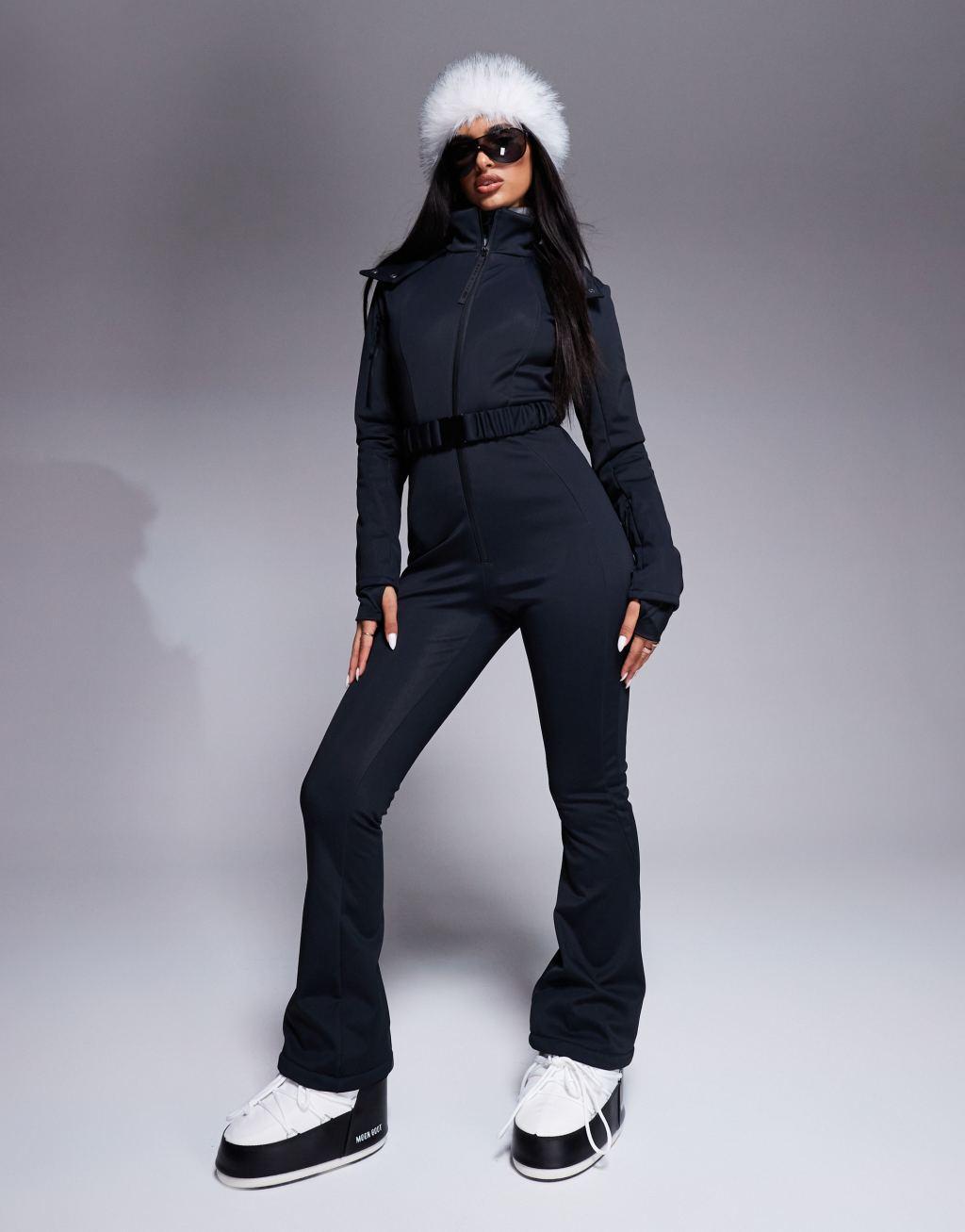 4505 Ski belted ski suit with slim kick legs and faux fur hood in black  Product Image