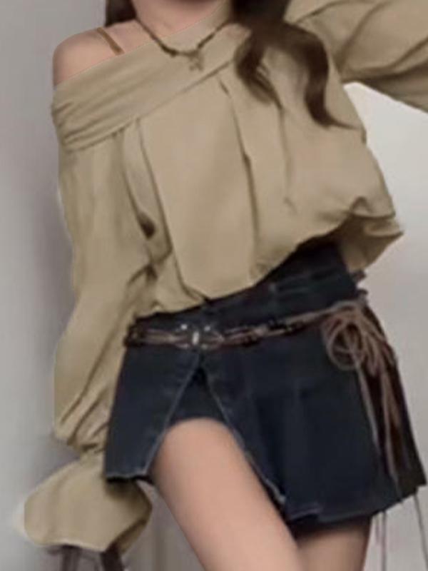 Off Shoulder Tie Up Puff Sleeve Long Sleeve Blouse Product Image