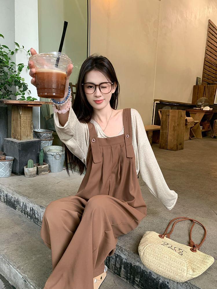 Long-Sleeve Round Neck Plain T-Shirt / Wide Leg Jumpsuit Product Image