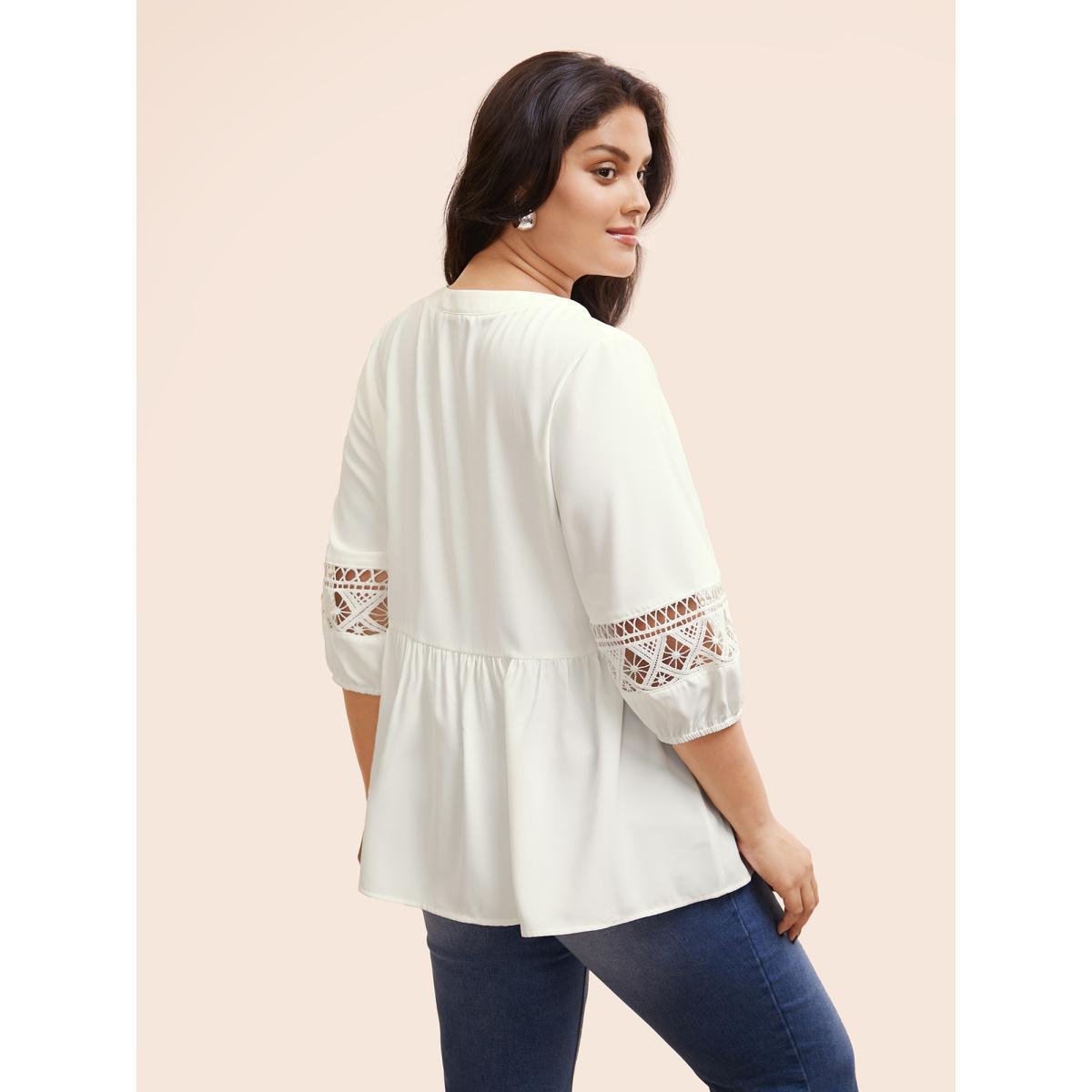 Plus Size WhiteSmoke Notched Patchwork Cut Out Lantern Sleeve Blouse Women At the Office Elbow-length sleeve Flat collar with V-notch Work Blouses BloomChic 10/M Product Image