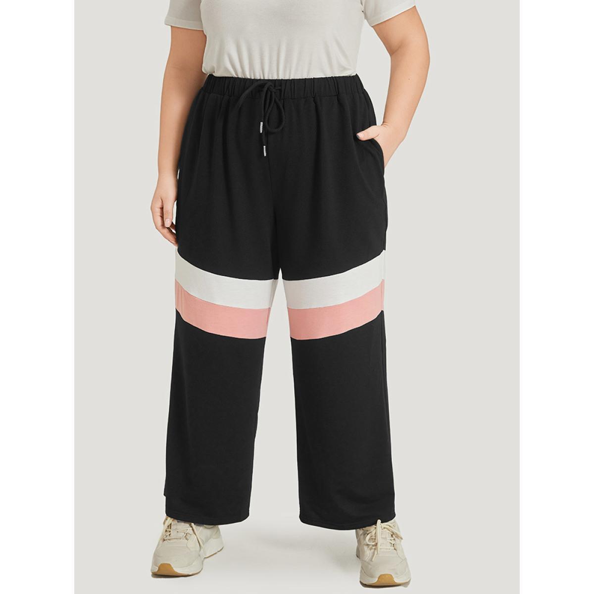 Striped Contrast Drawstring Pocket Elastic Waist Sweatpants Black Plus Size Women Casual Dailywear Contrast 30/6X Bloomchic Product Image