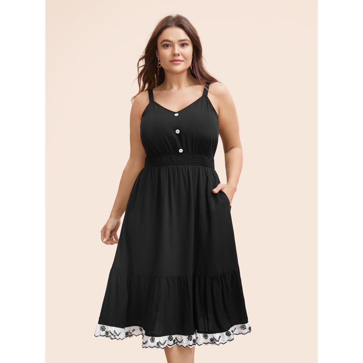 Plus Size Woven Ribbon Button Detail Cami Dress Black Women Resort Woven ribbon&lace trim V-neck Sleeveless Curvy BloomChic 28/5X Product Image