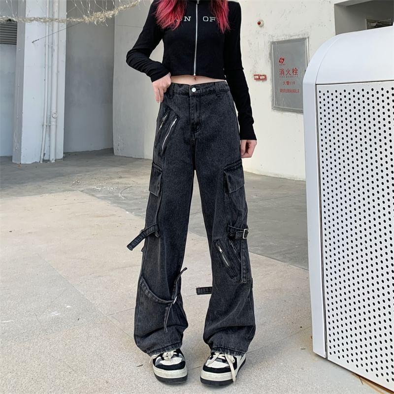 Mid Waist Washed Buckled Zipped Loose Fit Cargo Jeans Product Image