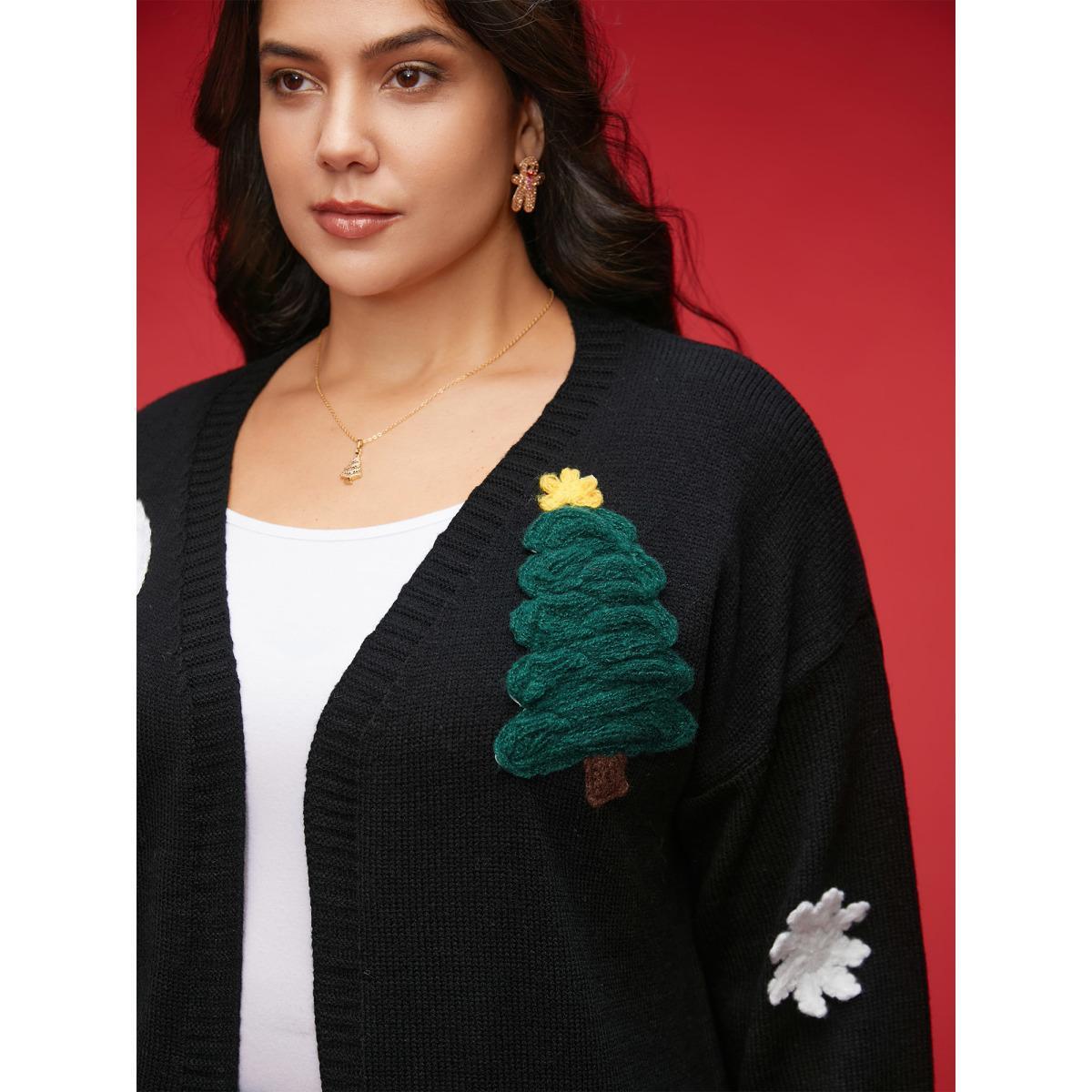 Plus Size Holiday Hand-Crocheted Motifs V-Neck Cardigan Black Women Casual Loose Long Sleeve Everyday Cardigans BloomChic 18-20/2X Product Image