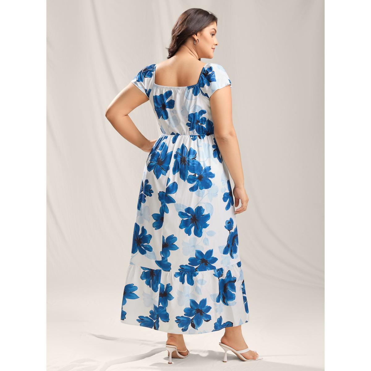 Plus Size Floral Pattern Shirred Pockets Midi Dress Mediumblue Women Square Neck Cap Sleeve Curvy BloomChic 26/4X Product Image
