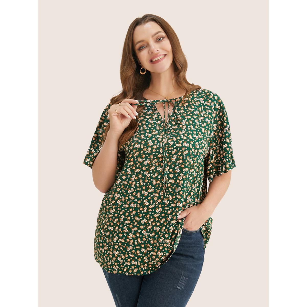 Plus Size ArmyGreen Ditsy Floral Ruffle Sleeve Tie Neck Blouse Women Elegant Short sleeve V-neck Everyday Blouses BloomChic 10/M Product Image