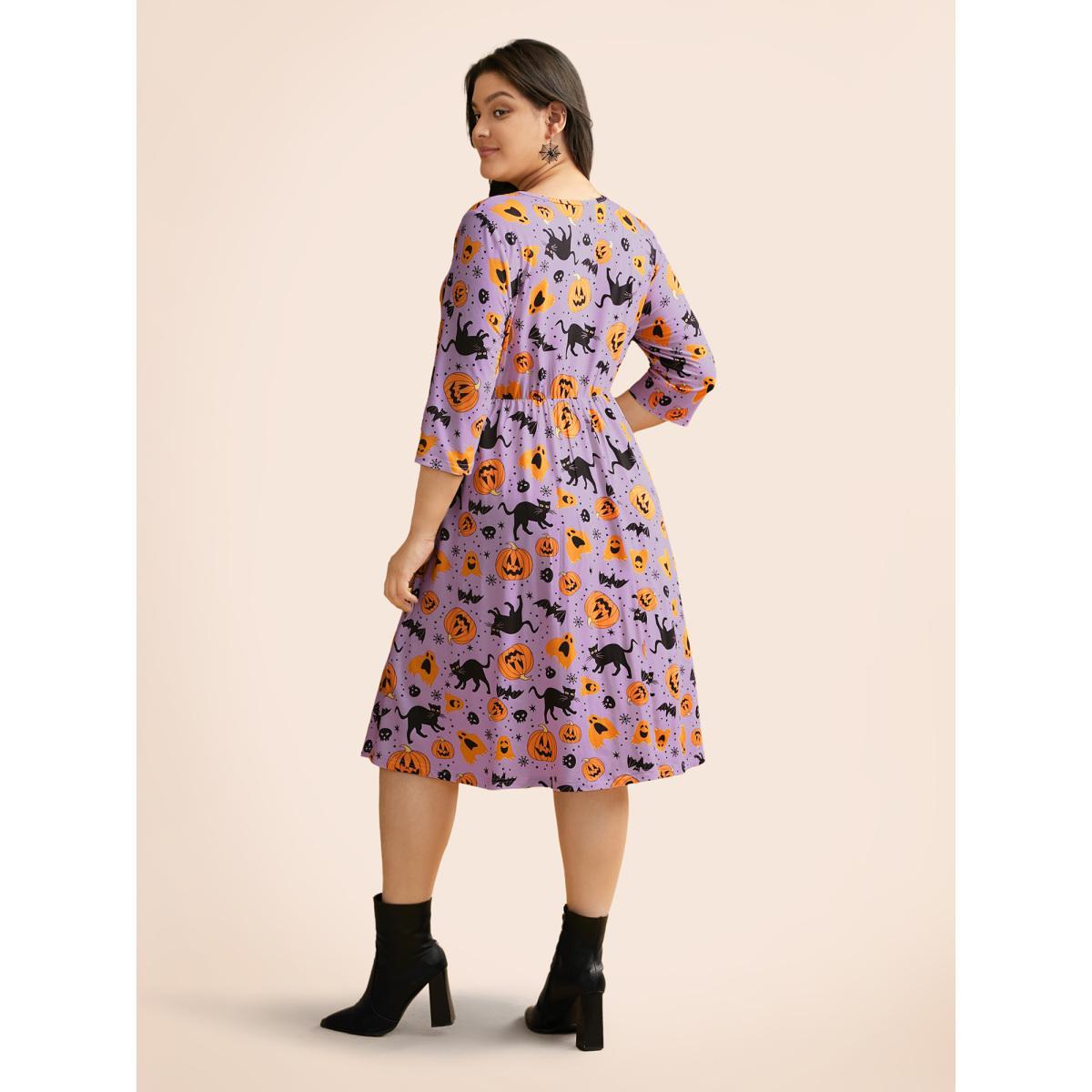 Plus Size Pumpkin Spiced Elastic Waist Printed Midi Dress Lilac Women Cocktail Non Party Curvy Bloomchic 18-20/2X Product Image