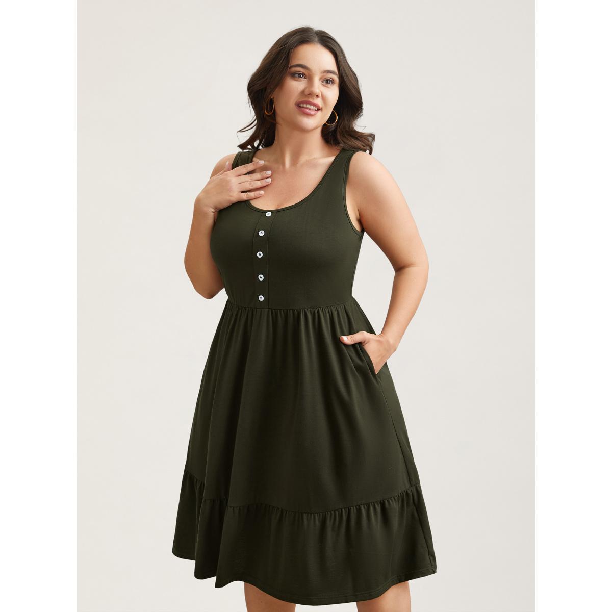 Plus Size Supersoft Stretchy Waist Pockets Midi Dress ArmyGreen Women Casual Button Knit Dresses Bloomchic 10/M Product Image