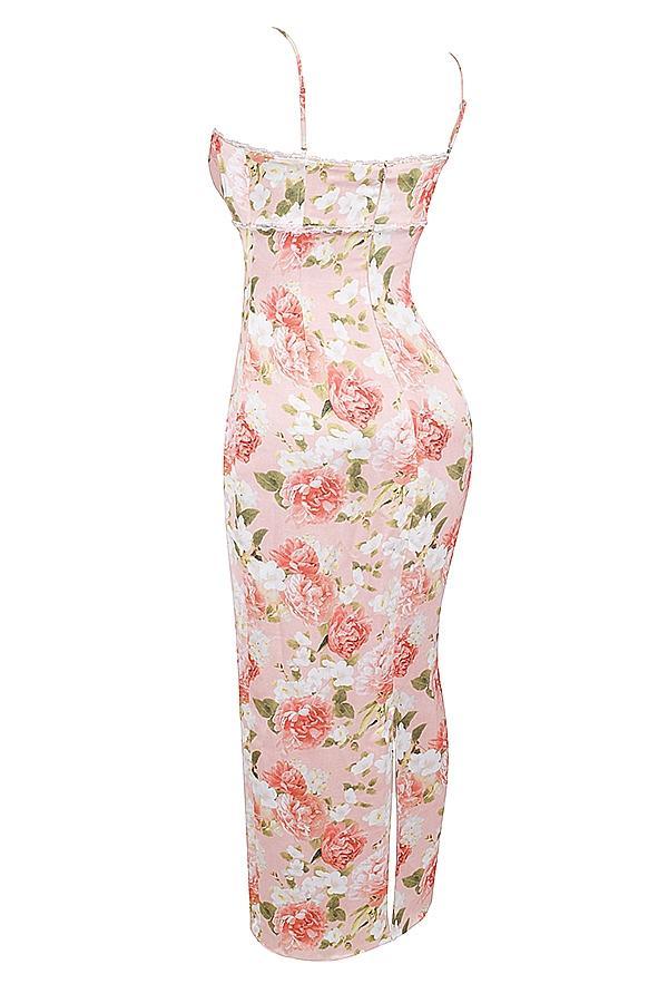 Josefina Pink Peony Print Satin Maxi Dress Product Image