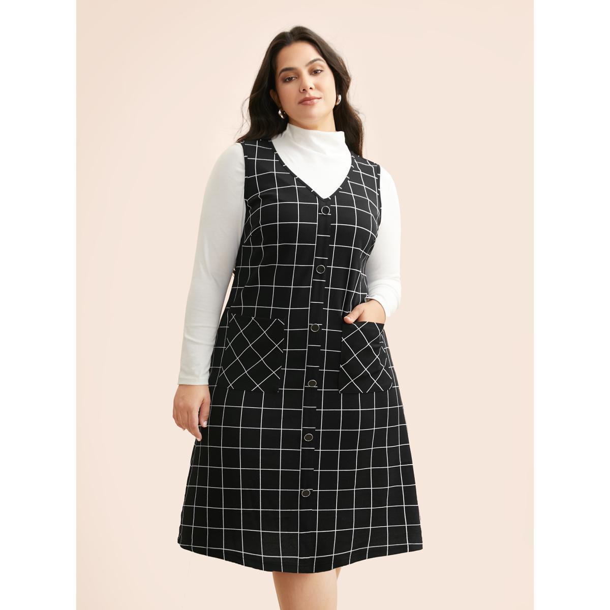 Plus Size Plaid V Neck Button Detail Dress Black Women Casual Button V-neck Sleeveless Curvy BloomChic 18-20/2X Product Image