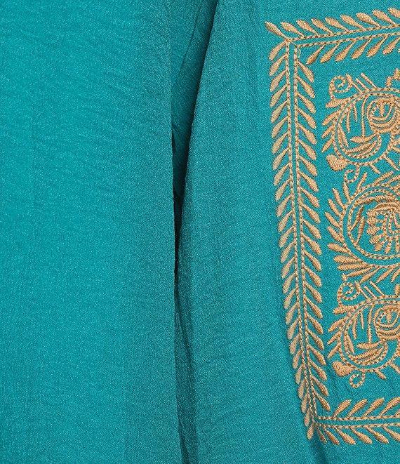 Calessa Petite Size Crinkle Textured Foulard Embroidered Split V-Neck 3/4 Sleeve Tunic Product Image