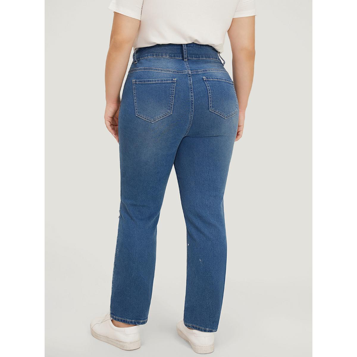 Plus Size Very Stretchy High Rise Medium Wash Paint Patched Jeans Women Blue Casual Plain Printed High stretch Pocket Jeans BloomChic 18/2X Product Image