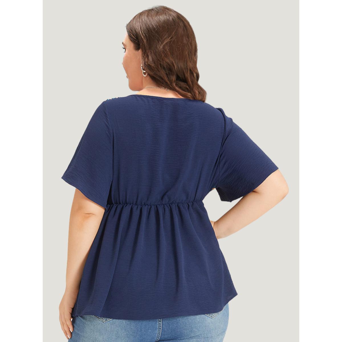 Plus Size Indigo Knit Patchwork Gathered Flutter Sleeve Blouse Women Elegant Short sleeve Square Neck Dailywear Blouses BloomChic 28/5X Product Image