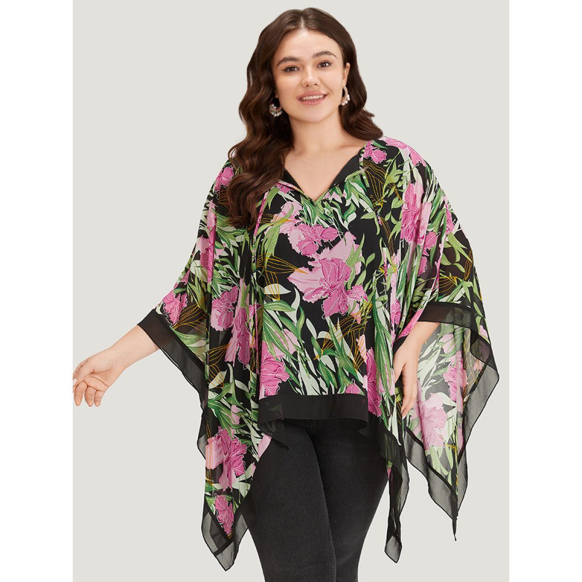 Plus Size Multicolor Floral Ties Batwing Sleeve Hanky Hem Layered Blouse Women Glamour Elbow-length sleeve Tie Neck Going out Blouses BloomChic 26/4X Product Image