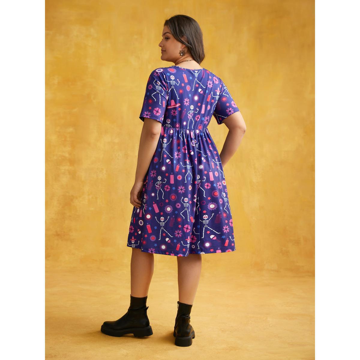 Plus Size Musical Skeleton Waist-Cinching Dress DarkBlue Women Cocktail Non Party Curvy Bloomchic 26/4X Product Image