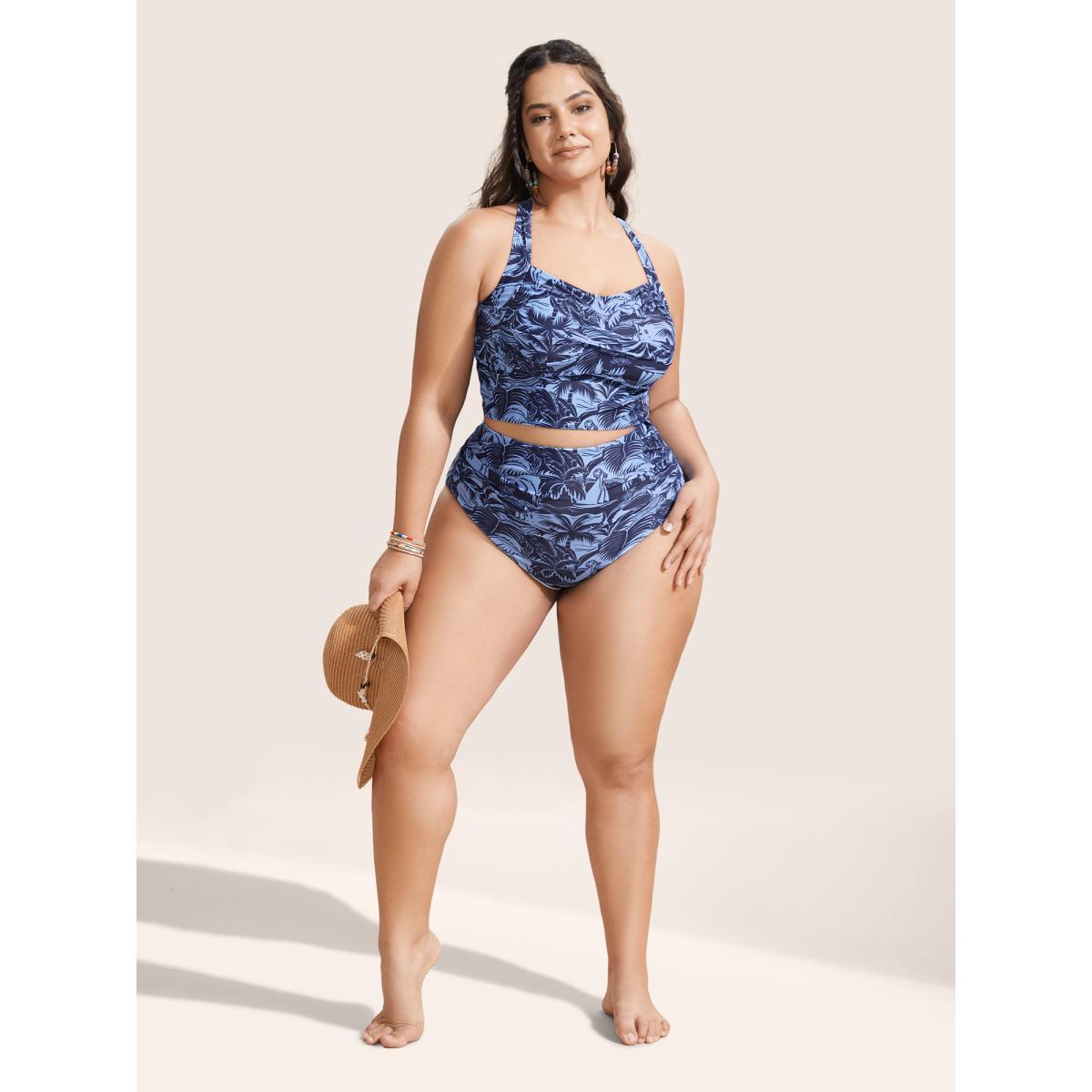 Plus Size Tropical Coconut Tree Print Ruched Swim Bottom Women's Swimwear Indigo Beach Gathered High stretch Skinny High Rise Curve Swim Bottoms BloomChic 12/L Product Image