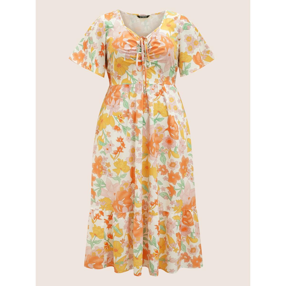 Plus Size V Neck Floral Drawstring Maxi Dress Multicolor Women Elegant Drawstring V-neck Short sleeve Curvy BloomChic 14-16/1X Product Image