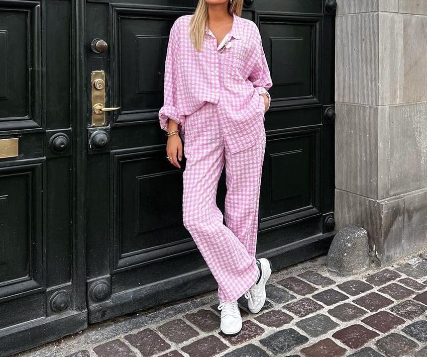 Set: Long-Sleeve Gingham Button-Up Shirt + High Rise Wide Leg Pants Product Image