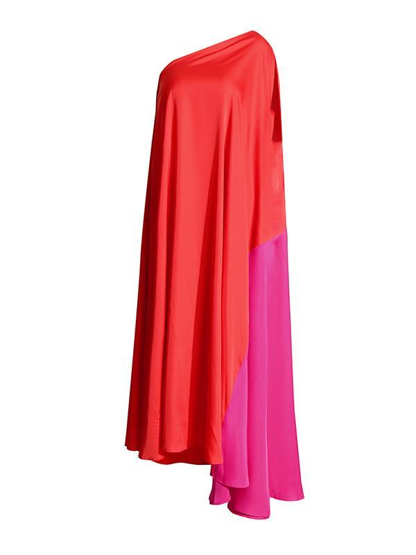 High Waisted Loose Asymmetric Contrast Color Split-Joint One-shoulder Maxi Dresses Product Image