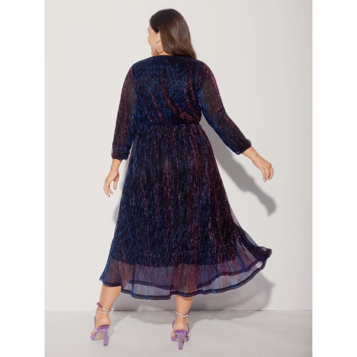 Plus Size Luxe Mesh Pleated Elastic Waist Wrap Dress Blackcurrant Women Party Texture Overlap Collar Elbow-length sleeve Curvy Midi Dress BloomChic 30/6X Product Image
