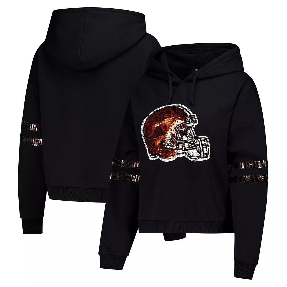 Women's Cuce Black Cleveland Browns Cropped Sequins Pullover Hoodie, Size: Large Product Image