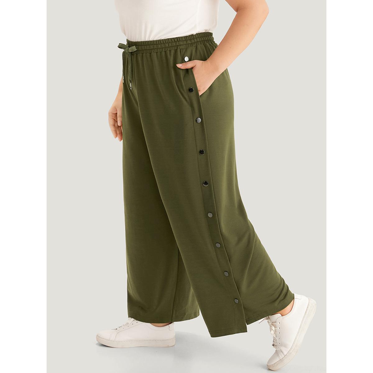Plain Pocket Elastic Waist Button Detail Drawstring Sweatpants ArmyGreen Plus Size Women Casual Dailywear Plain 28/5X Bloomchic Product Image