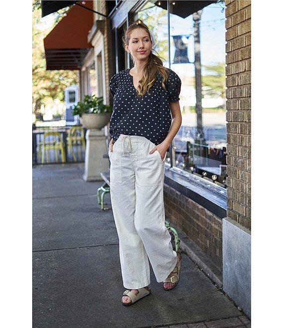 Lucky Brand Woven Polka Dot Split Notch V-Neck Short Puff Sleeve Blouse Product Image