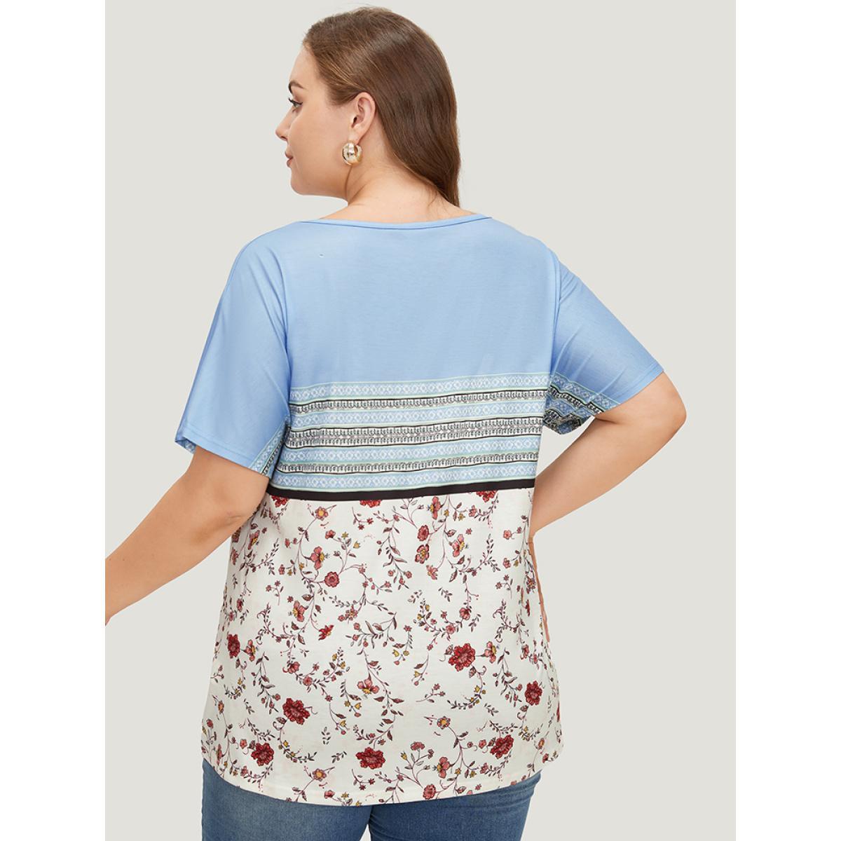 Plus Size Floral & Striped Batwing Sleeve Contrast T-shirt LightBlue Women Elegant Contrast Striped Round Neck Dailywear T-shirts BloomChic 18-20/2X Product Image