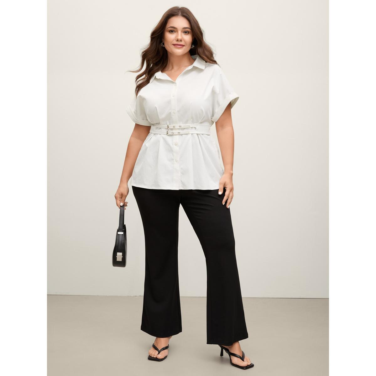 Plus Size Originalwhite Double Belt Waist-Cinched Shirred Blouse Women Short sleeve Shirt collar Work Blouses BloomChic 12/L Product Image