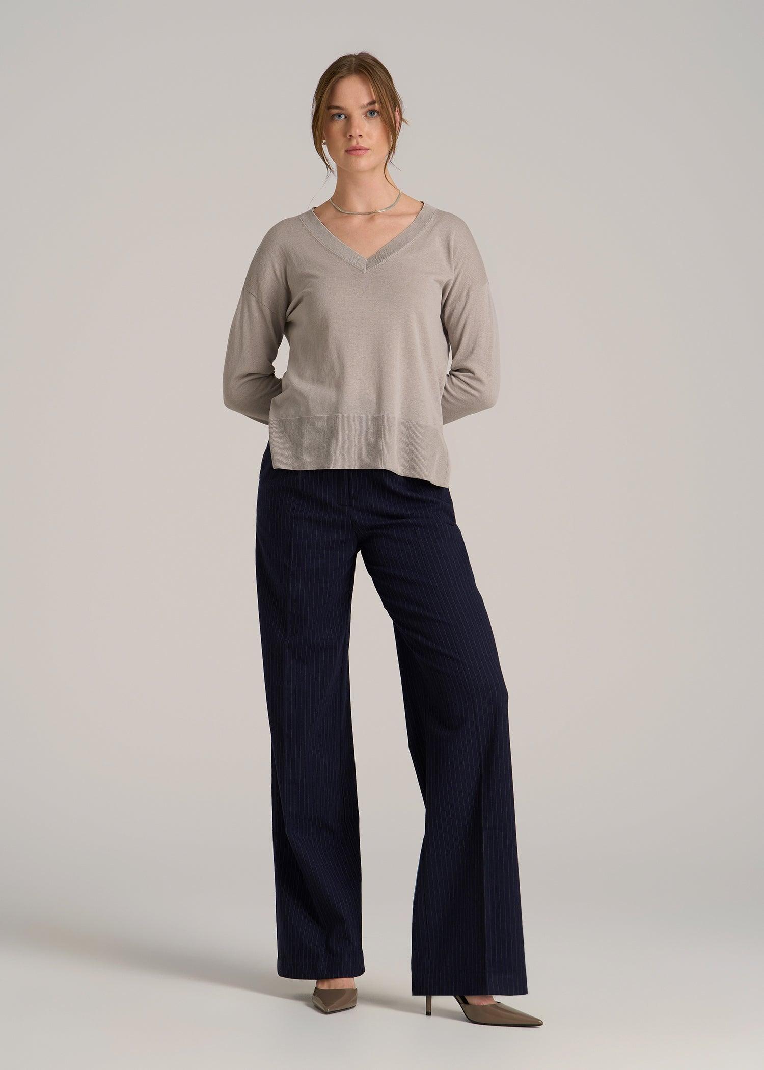 Linen Blend Split Hem V-Neck Sweater for Tall Women in Atmosphere Product Image
