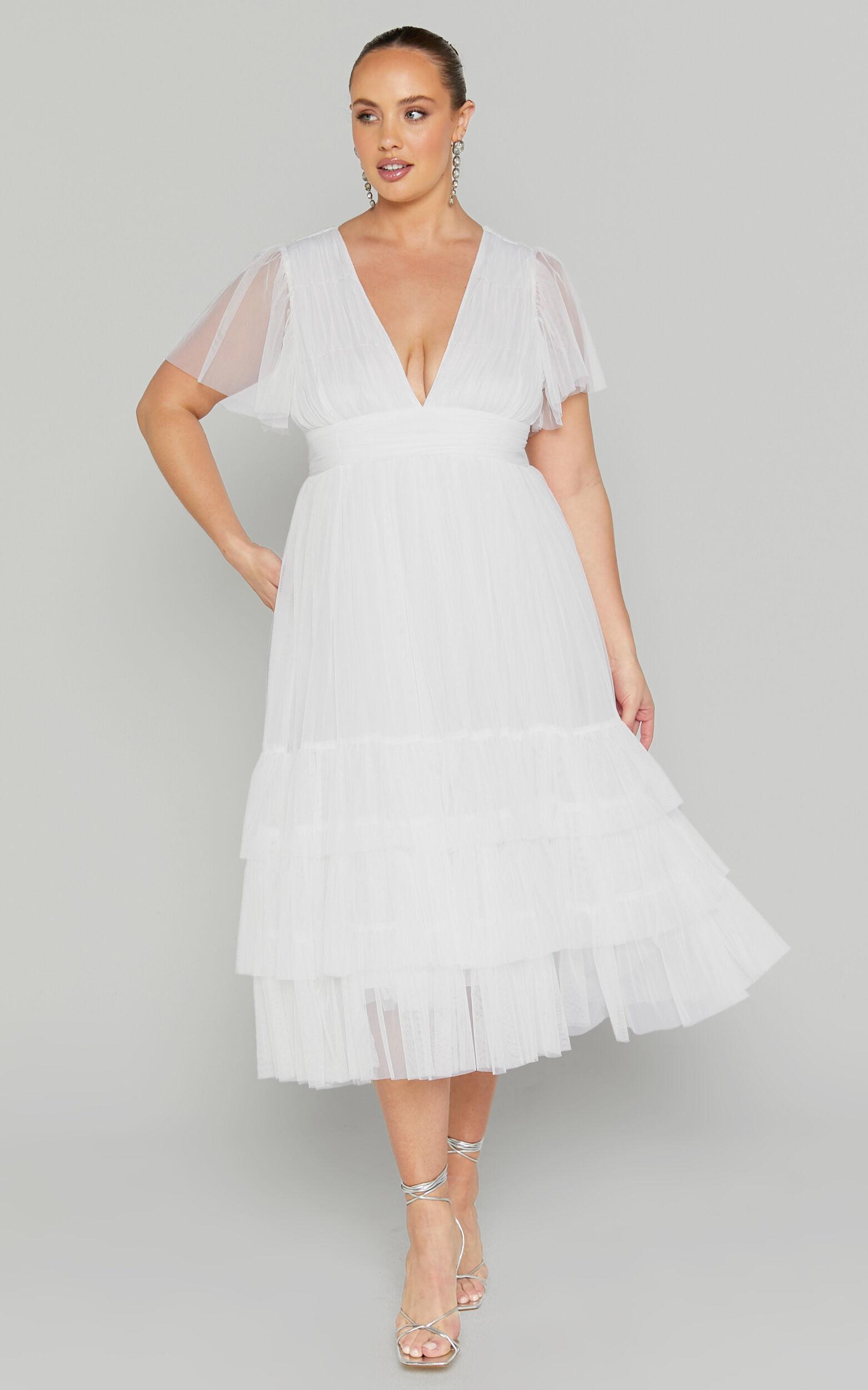 Jiraye Midi Dress - Flutter Sleeve Tuelle Plunge Dress in White Product Image