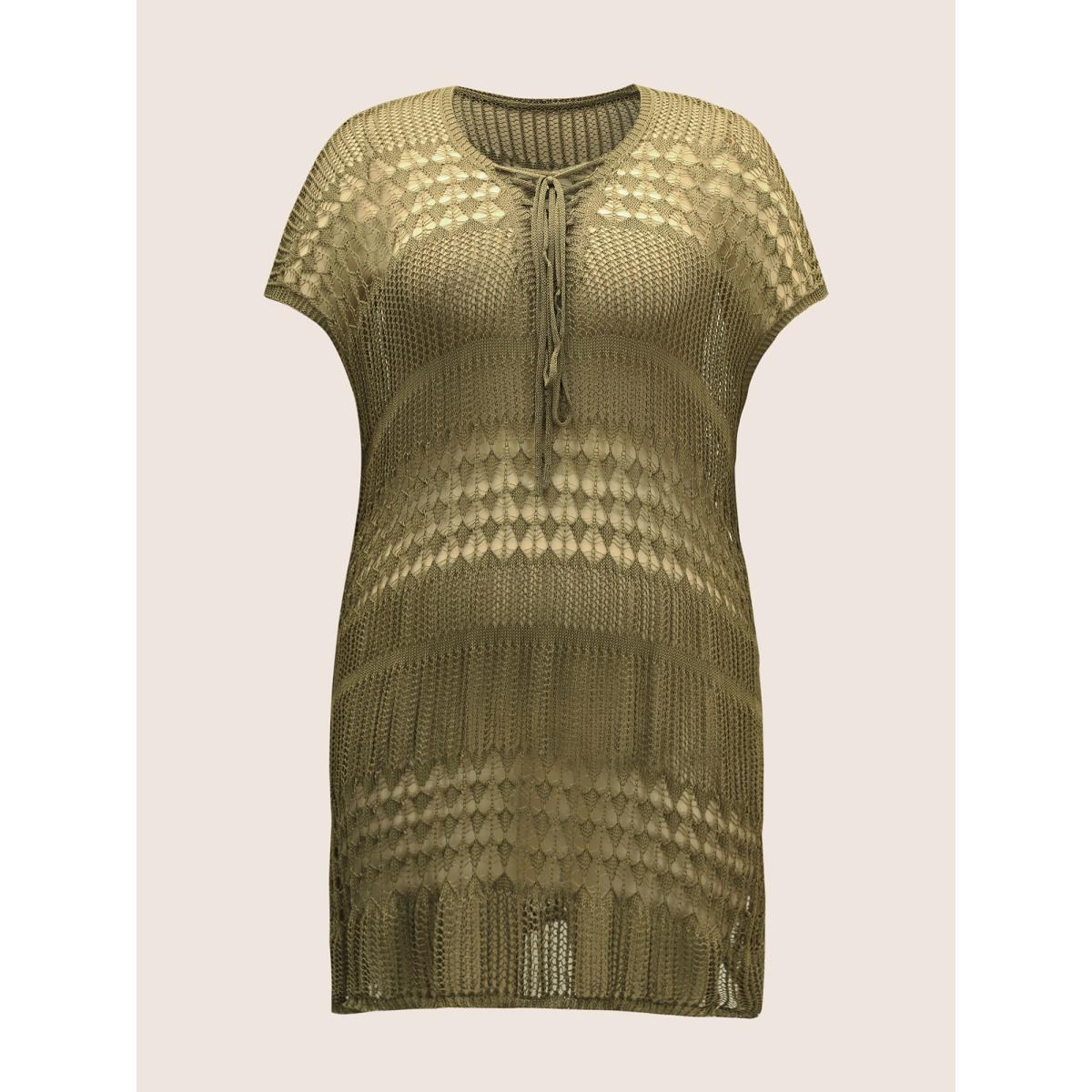 Plus Size Solid Cut Out See Through Lace Up Swim Cover Up Women's Swimwear Olive Beach Tie knot Curve Swim Cover Ups BloomChic 26/4X Product Image