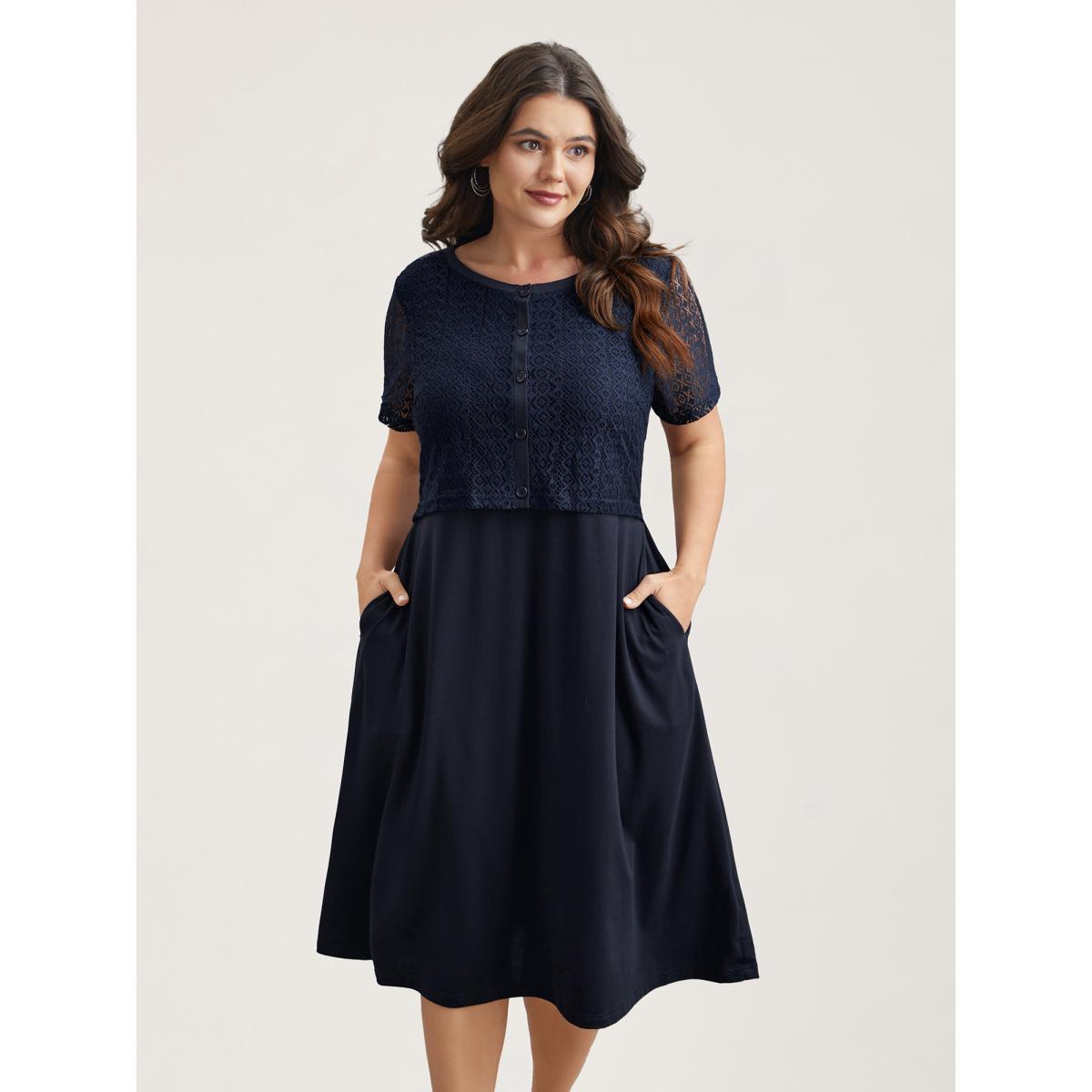 Plus Size 2-in-1 Spliced Button-Front Midi Dress DarkBlue Women Casual Woven ribbon&lace trim Round Neck Short sleeve Curvy BloomChic 12/L Product Image