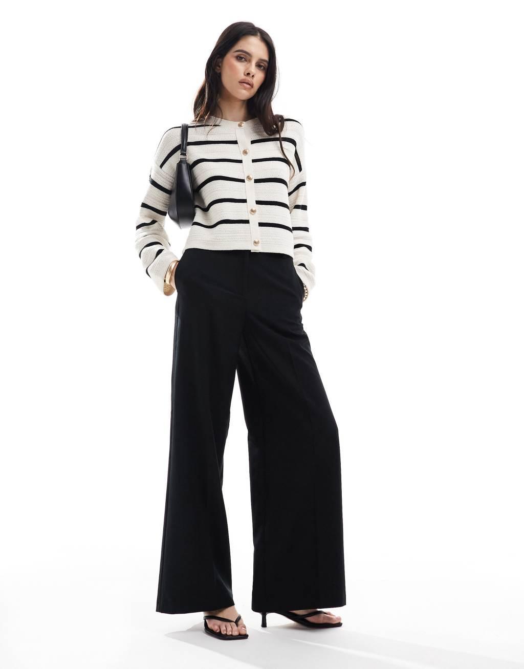 ASOS DESIGN knit crew neck cardigan in textured stitch with gold buttons in stripe Product Image