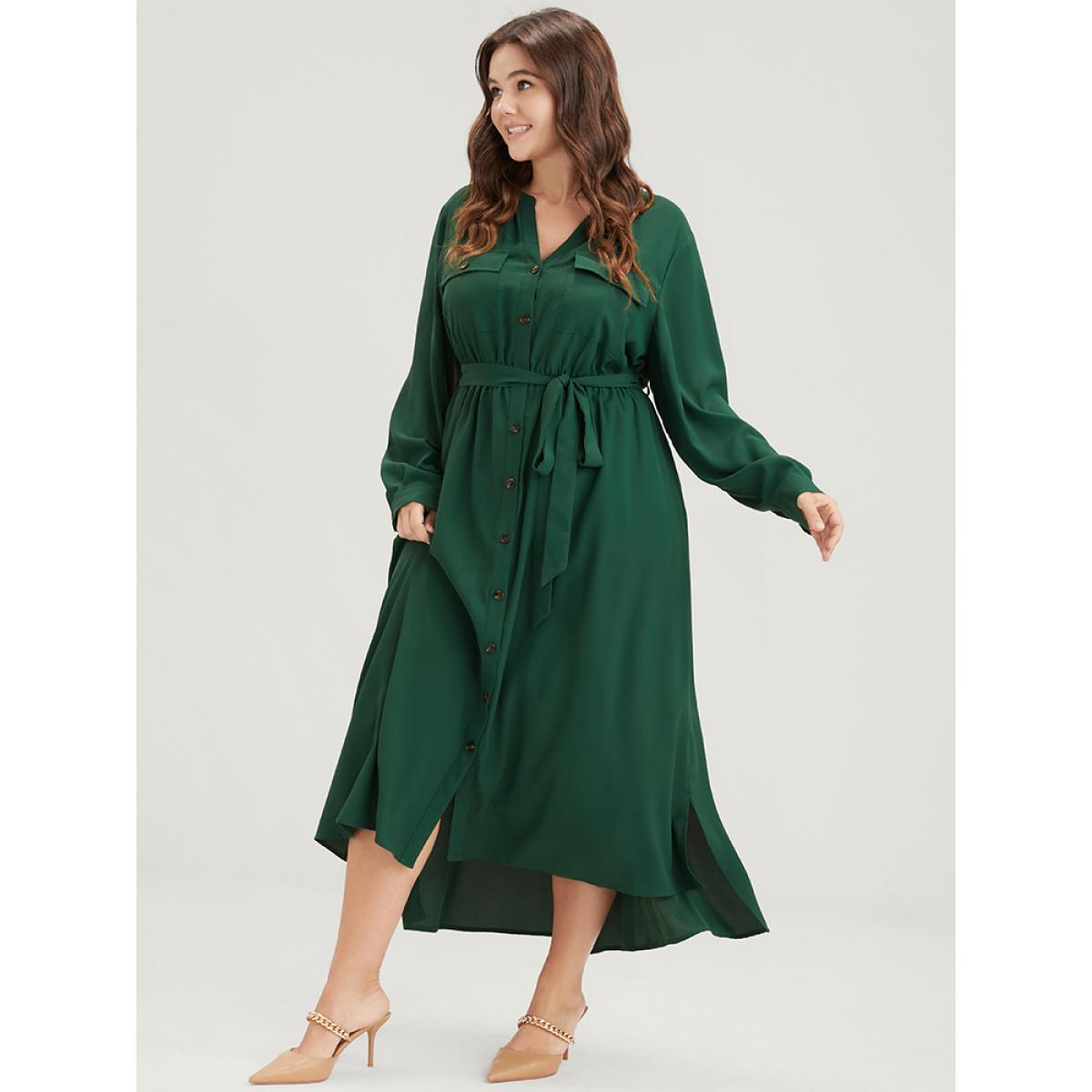 Plus Size Solid V Neck Pocket Button Asymmetrical Flutter Hem Belted Dress DarkGreen Women Office Plain V-neck Long Sleeve Curvy Long Dress BloomChic 28/5X Product Image