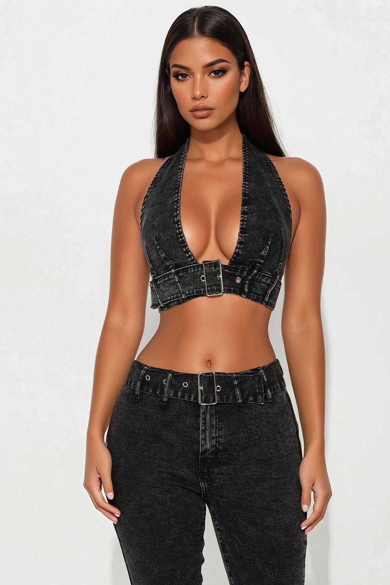 Cici Washed Denim Capri Set - Black Wash Product Image