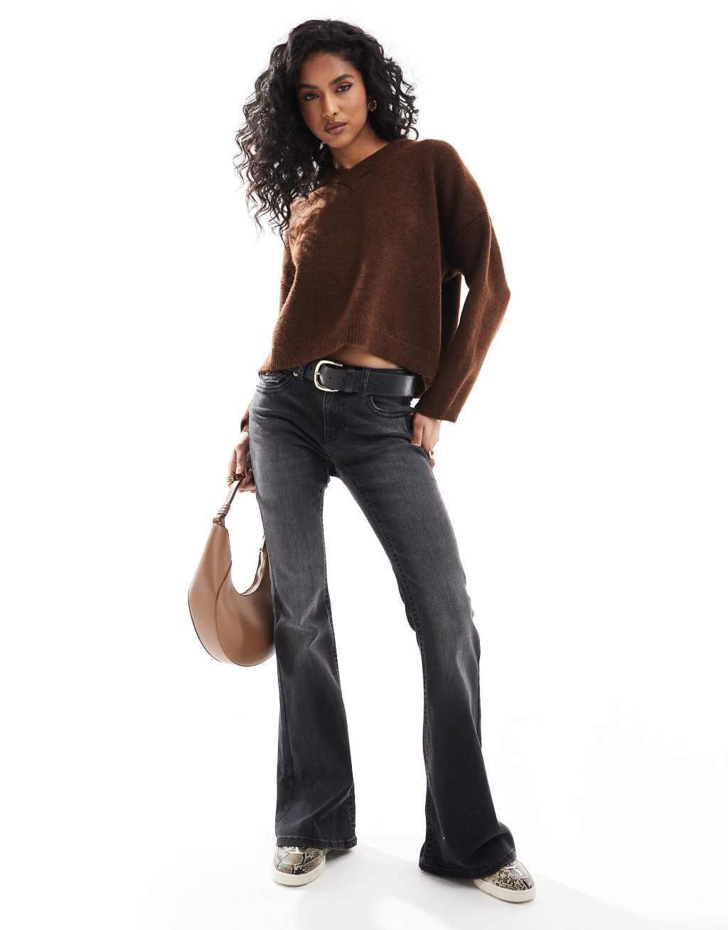 ASOS DEISGN fluffy knit v neck sweater in chocolate brown Product Image