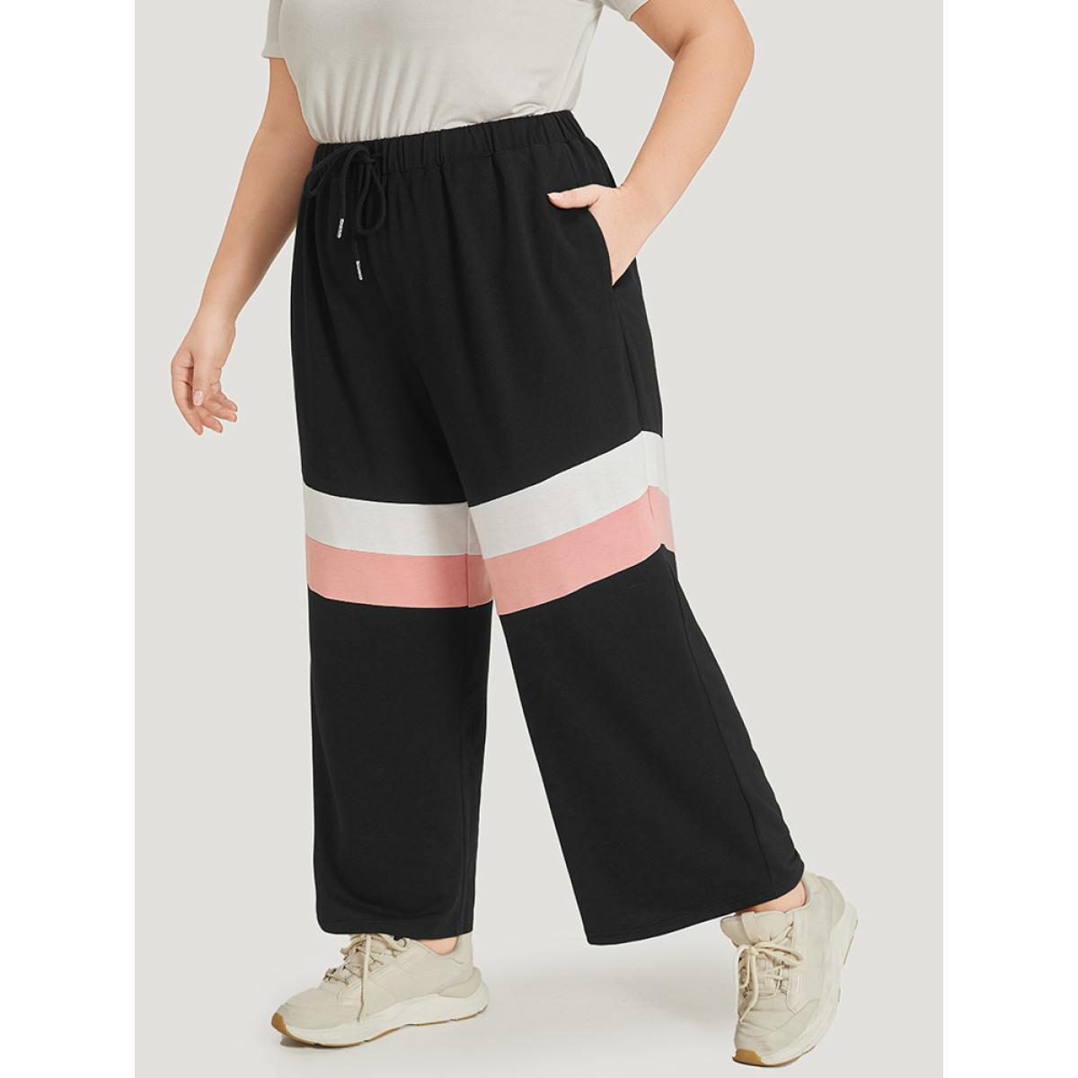 Striped Contrast Drawstring Pocket Elastic Waist Sweatpants Black Plus Size Women Casual Dailywear Contrast 30/6X Bloomchic Product Image