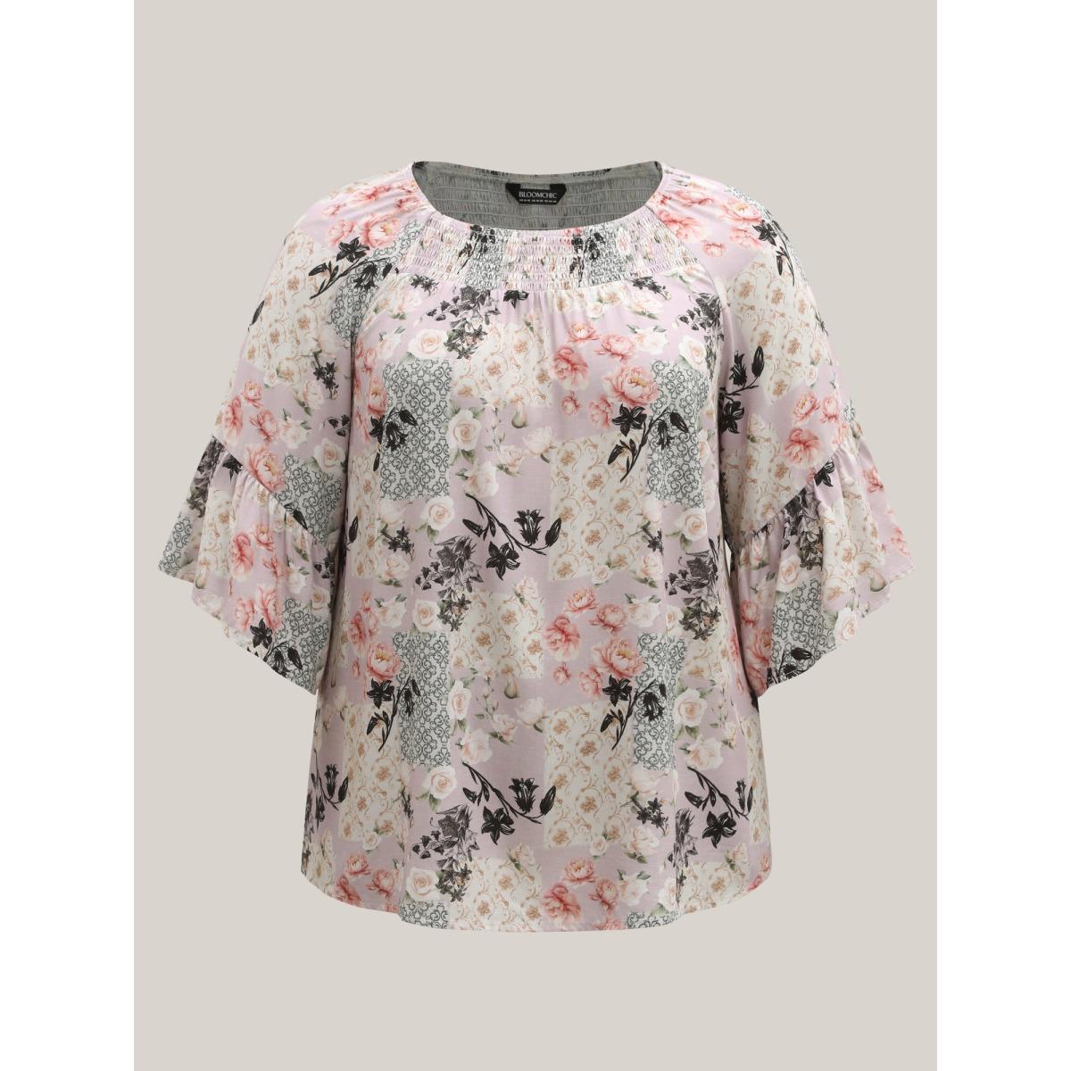 Plus Size Multicolor Floral Shirred Neck Flowy Blouse Women Elbow-length sleeve Round Neck Everyday-Elegant Blouses BloomChic 18-20/2X Product Image