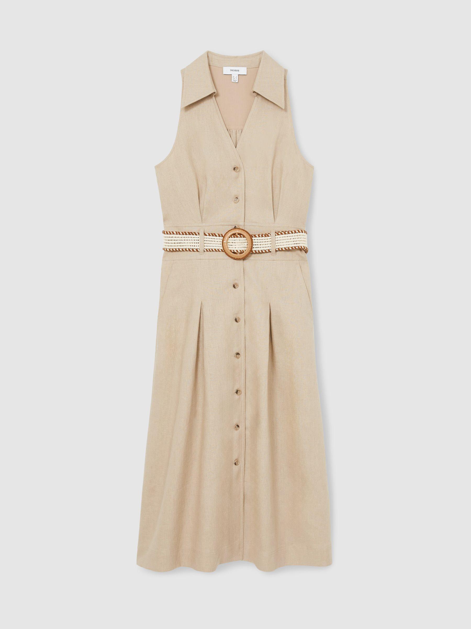 Petite Linen Belted Sleeveless Midi Dress in Neutral Product Image