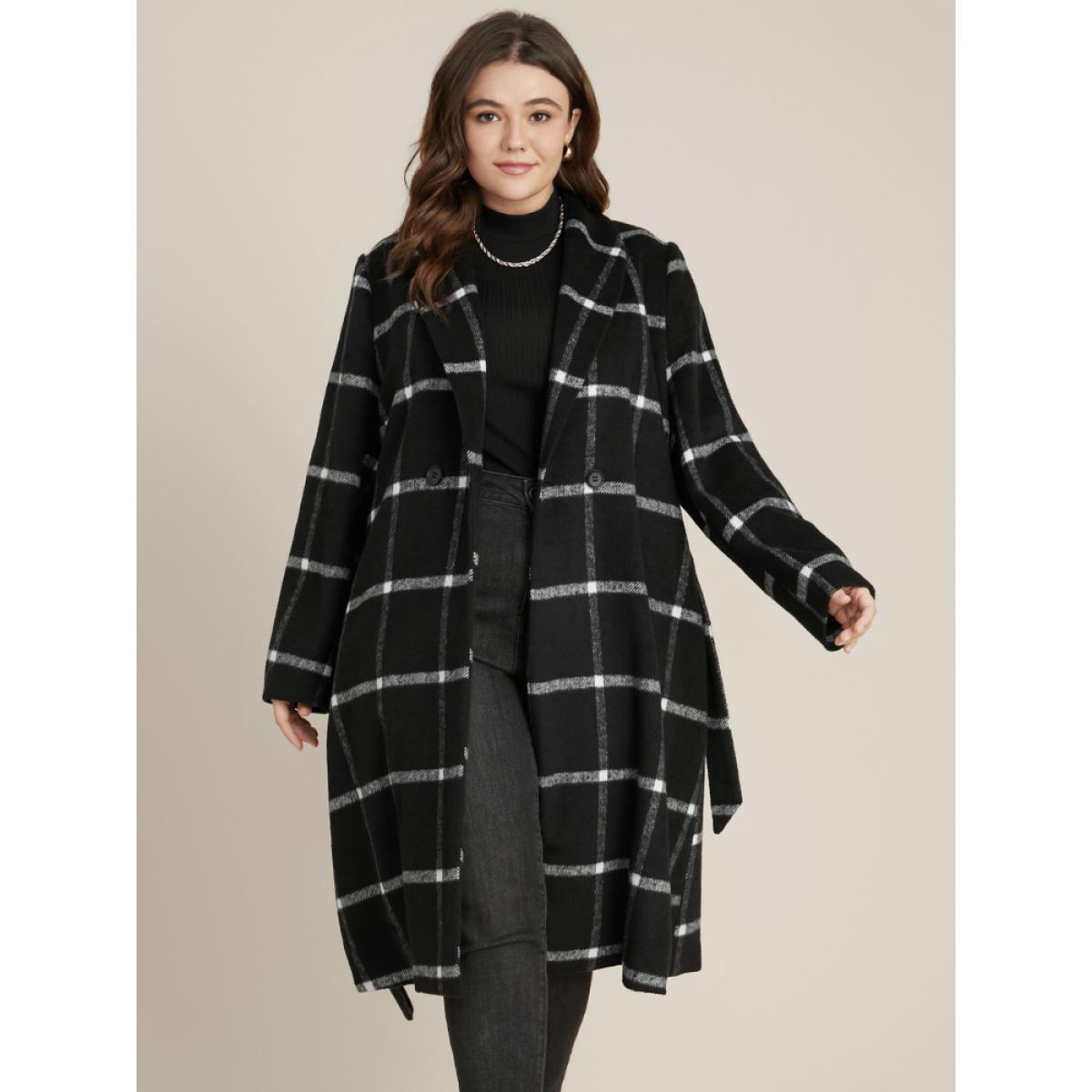Plus Size Plaid Lapel Collar Belted Pocket Coat Women Black Elegant Belted Ladies Dailywear Winter Coats BloomChic 30/6X Product Image
