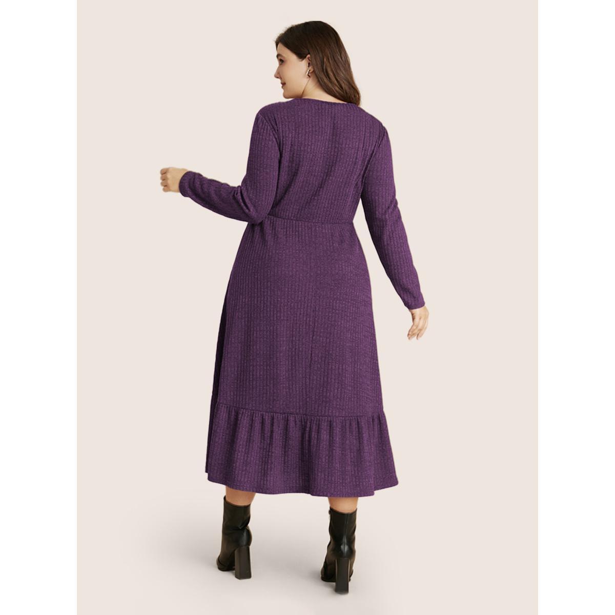 Plus Size Solid Pocket Rib Knit Ruffle Hem Dress Without Belt ArmyGreen Women Basics Non Round Neck Long Sleeve Curvy Midi Dress BloomChic 14-16/1X Product Image