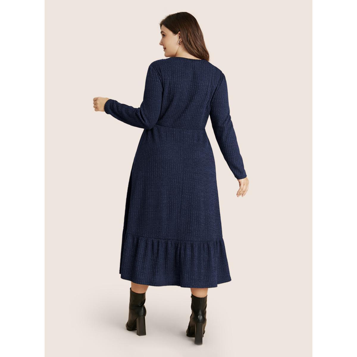 Plus Size Solid Pocket Rib Knit Ruffle Hem Dress Without Belt DarkBlue Women Basics Non Round Neck Long Sleeve Curvy Midi Dress BloomChic 30/6X Product Image
