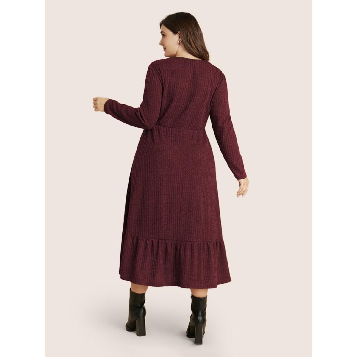 Plus Size Solid Pocket Rib Knit Ruffle Hem Dress Without Belt ArmyGreen Women Basics Non Round Neck Long Sleeve Curvy Midi Dress BloomChic 14-16/1X Product Image