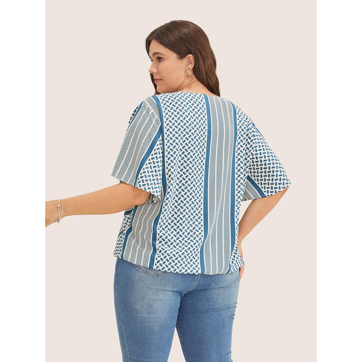 Plus Size Aegean Geometric Contrast Ruffle Sleeve Wrap Blouse Women Resort Short sleeve Overlap Collar Vacation Blouses BloomChic 28/5X Product Image