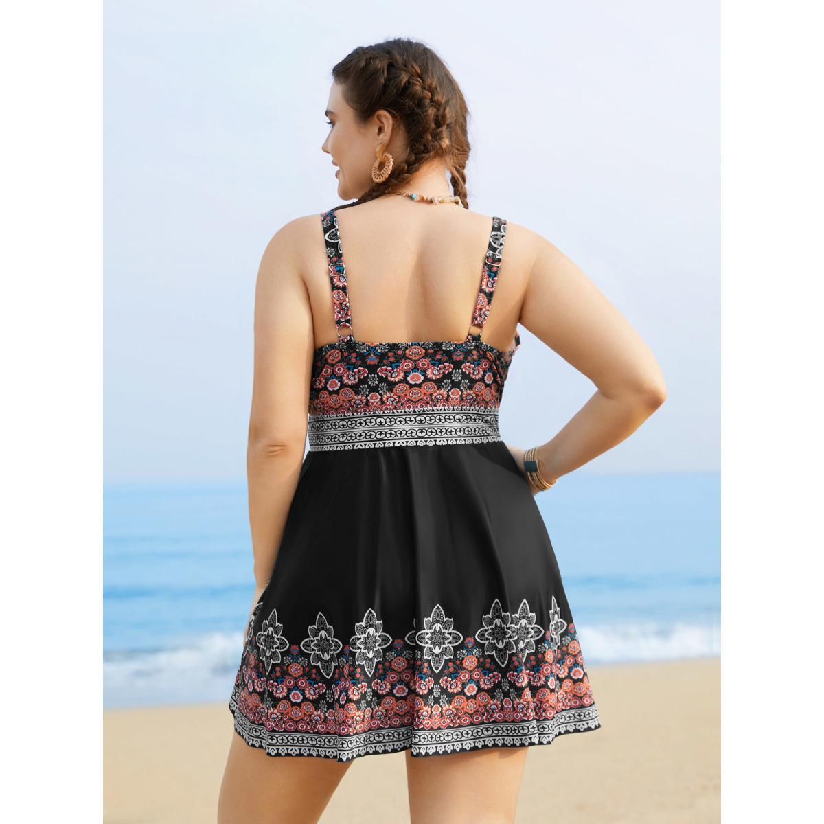 Plus Size Boho Print Surplice Neck Adjustable Swim Dress Women's Swimwear Black Beach Bodycon Overlap Collar High stretch Curve Swim Dresses BloomChic 14-16/1X Product Image